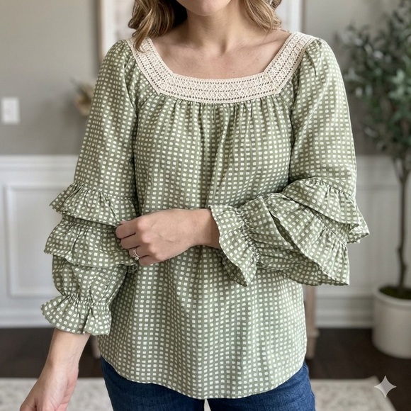 Ces Femme Tops - Ces Femme Sage Green Gingham Crochet Square-Neck Ruffle Sleeve Tunic. Small